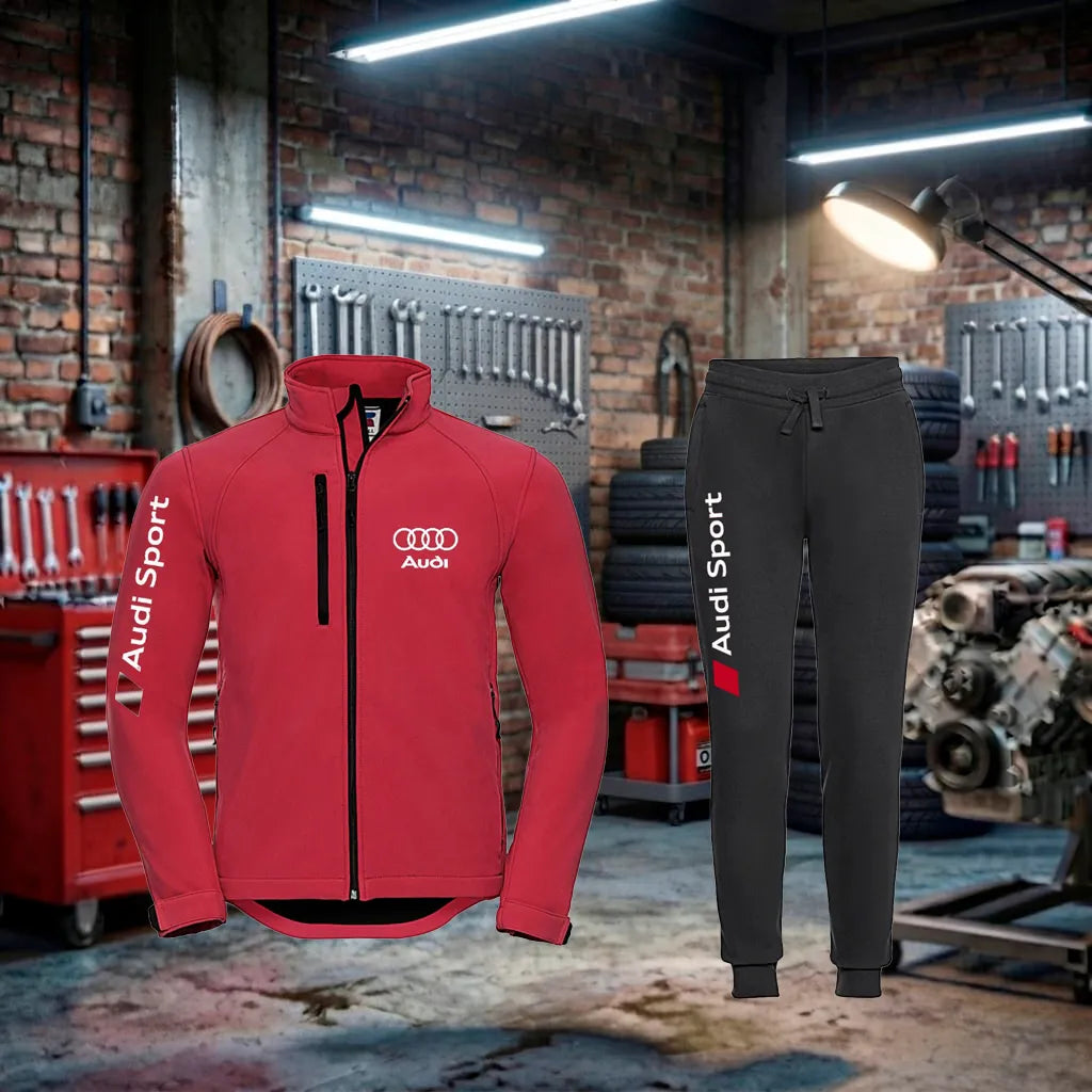 Conjunto de treino Audi RS Zip com jaqueta vermelha e calças pretas, unissex, roupa esportiva artesanal.