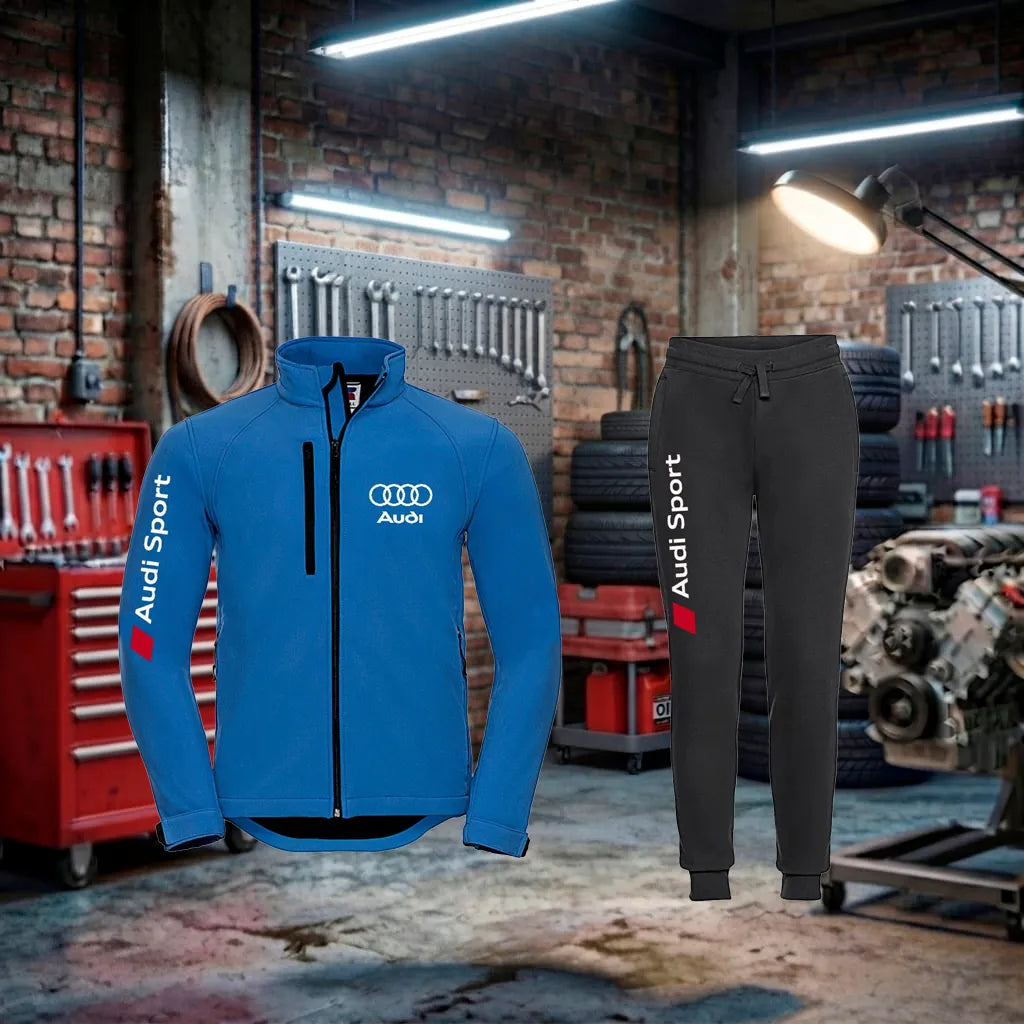 Conjunto de treino unissex Audi RS Zip Jacket e calças pretas de tecido, roupa esportiva feita à mão com detalhes em preto.