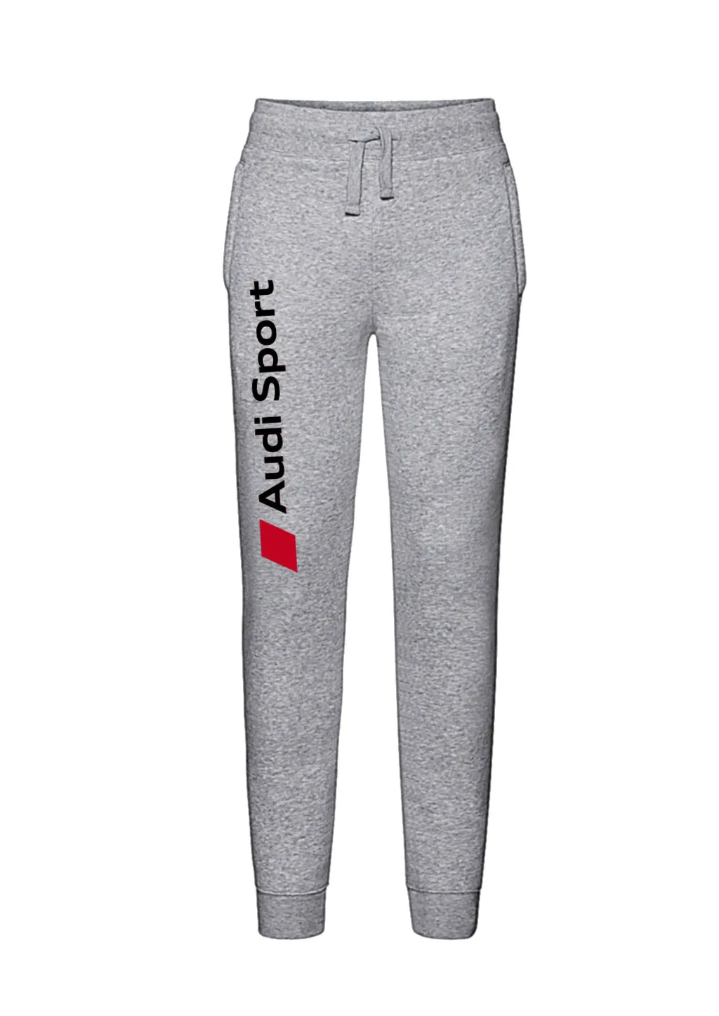 Calças jogger Audi RS Performance unissex cinza, feitas artesanalmente com detalhes esportivos e estilo automotivo.