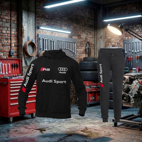 Conjunto de fatos de treino Audi RS Hoodie Tracksuit Unisex, feito à mão, com capuz e detalhes esportivos em tecido confortável.