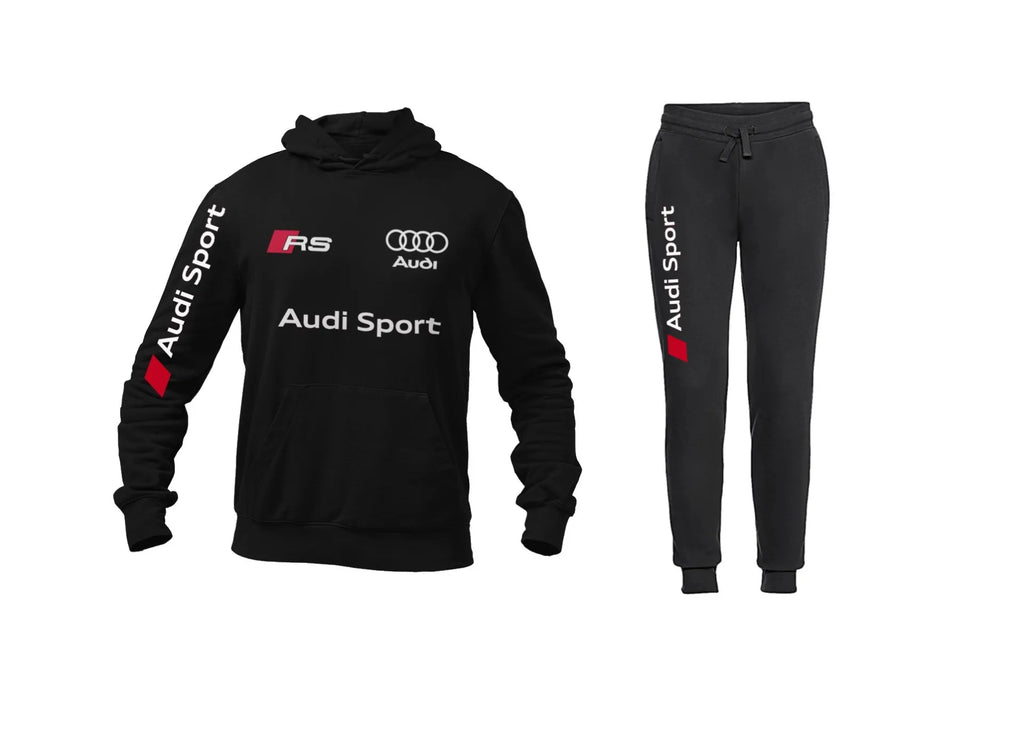 Conjunto de treino unissex Audi RS Hoodie Tracksuit, feito à mão, com detalhes esportivos e confortável para atividades físicas.