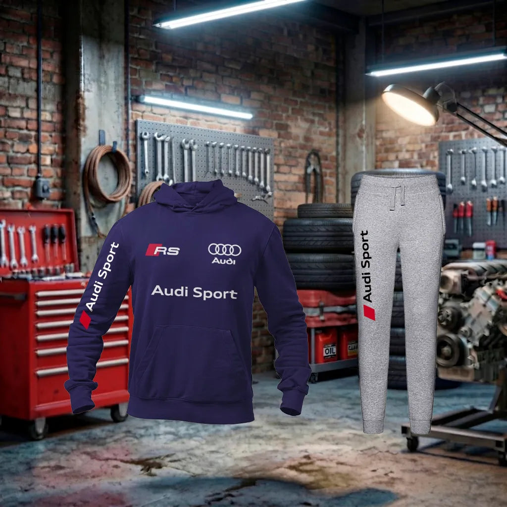 Conjunto de fato de treino Audi RS Hoodie Tracksuit unissex, feito à mão, com capuz e detalhes esportivos em tecido confortável.