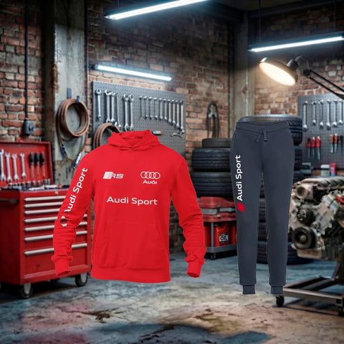 Conjunto de fato de treino Audi RS Hoodie Tracksuit unissex, feito à mão, com detalhes em tecido preto e logotipo da Audi.