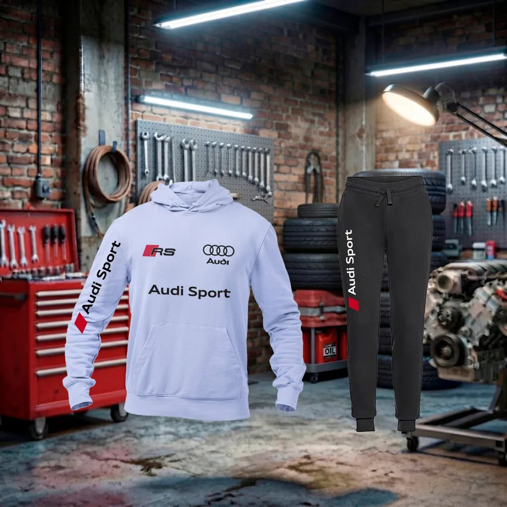 Conjunto de fato de treino Audi RS Hoodie Tracksuit Unisex feito à mão, com capuz e detalhes esportivos em tecido confortável.