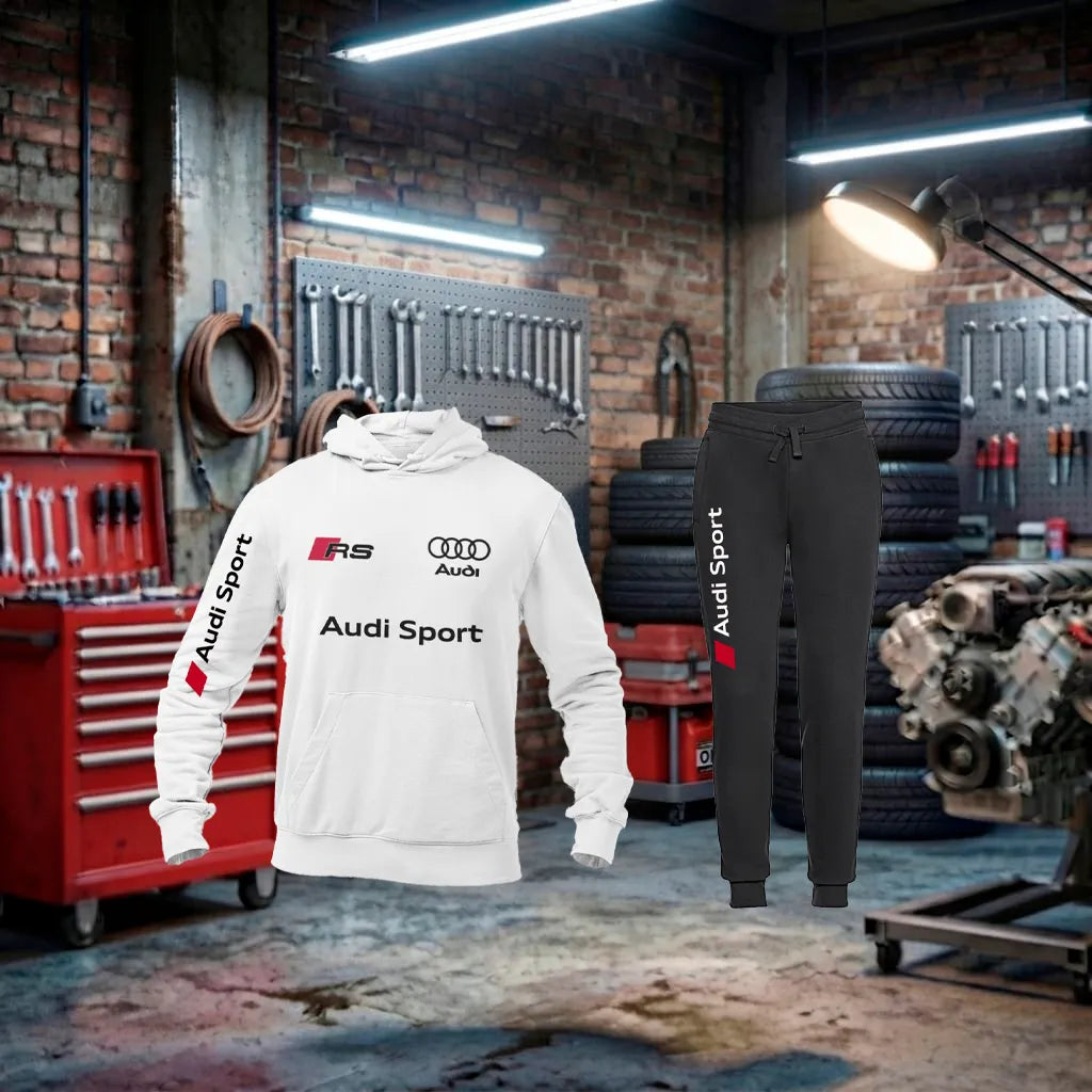 Conjunto de fato de treino unissex Audi RS Hoodie Tracksuit feito à mão, com design esportivo e detalhes em tecido confortável.