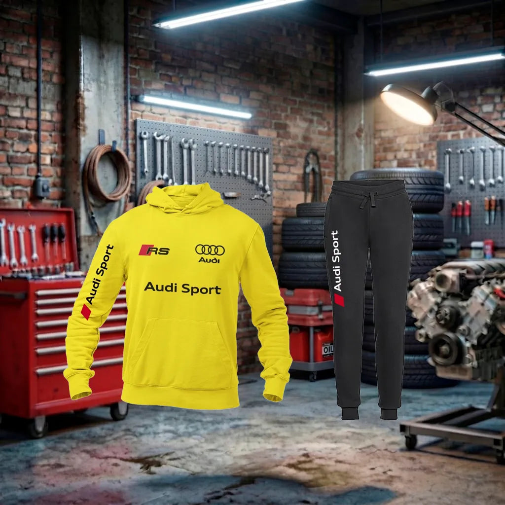 Conjunto de fato de treino Audi RS unissex, feito à mão, com detalhes esportivos e logotipo da Audi, em tecido confortável.