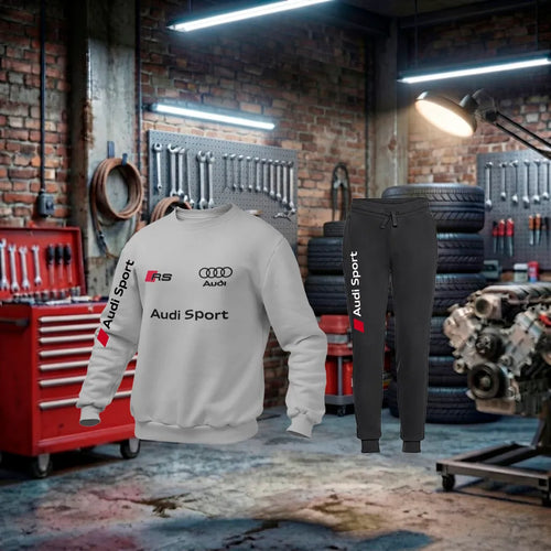 Fato de treino unissex Audi RS Performance Tracksuit em cinza e preto, feito artesanalmente, com detalhes esportivos.