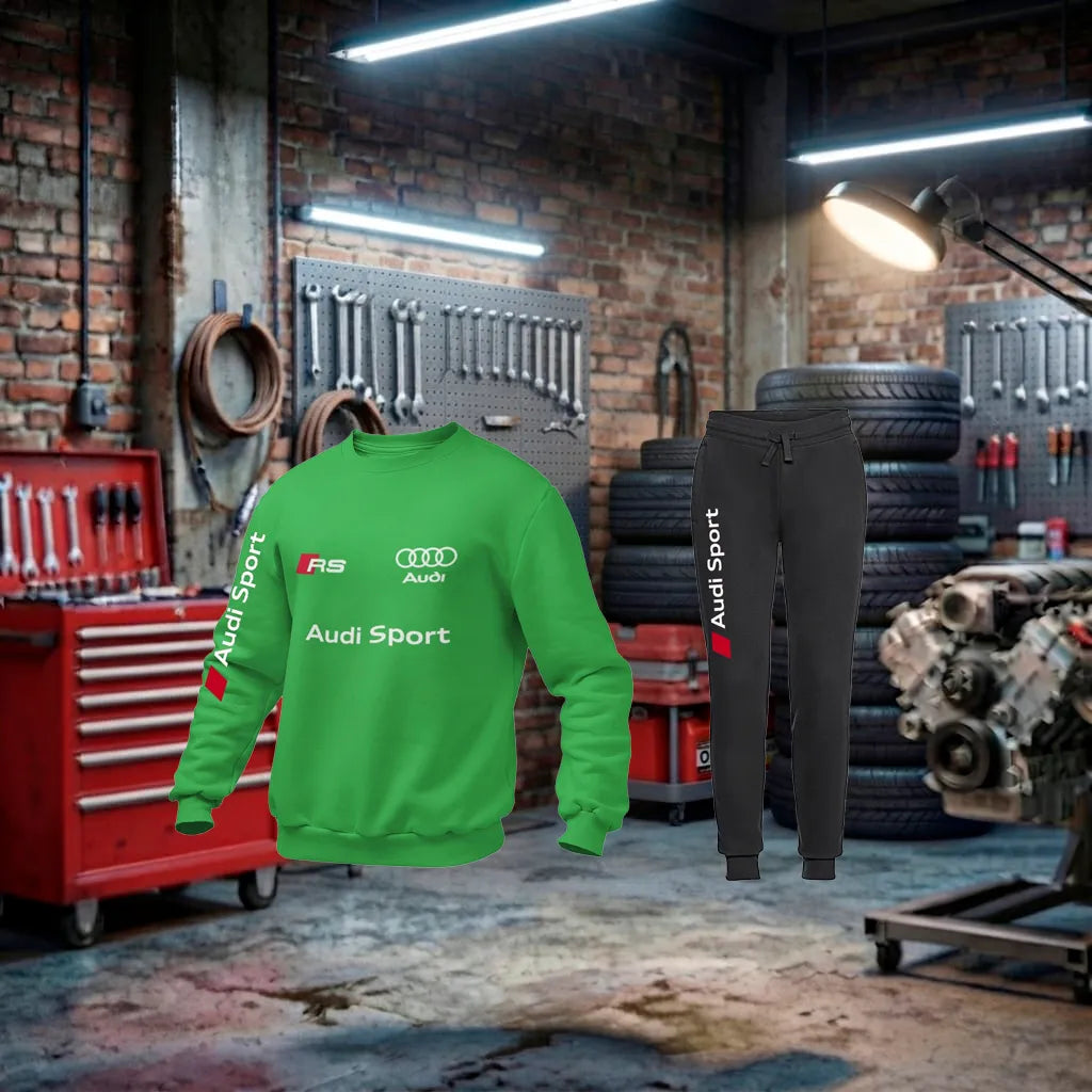 Fato de treino Audi RS Performance Tracksuit unissex, em verde e preto, feito artesanalmente. Material confortável e estilo esportivo.