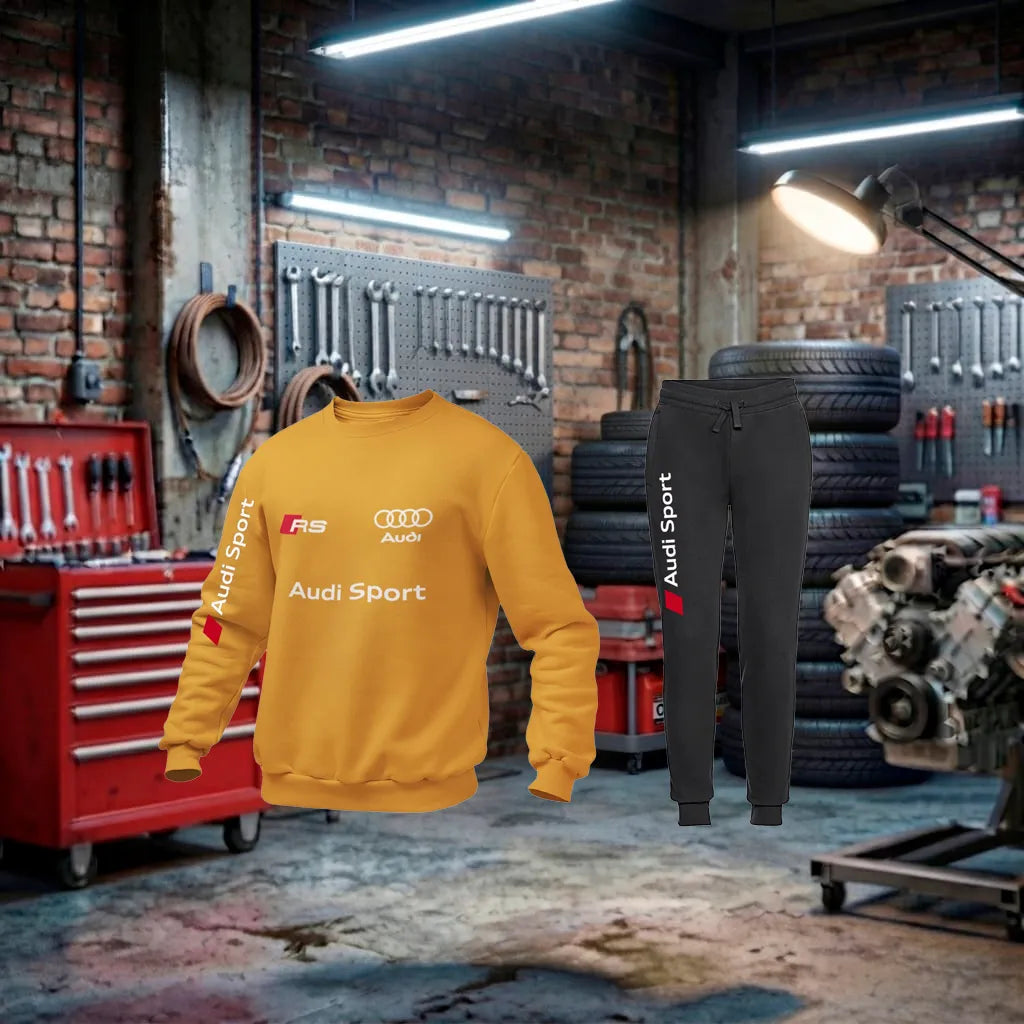 Fato de treino Audi RS Performance para unissex, em laranja e preto, feito à mão, com detalhes esportivos e logo da Audi.