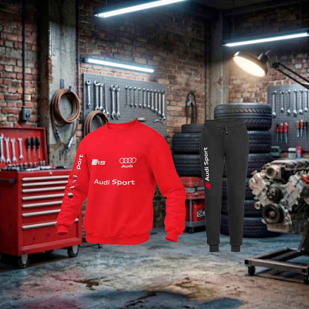 Fato de treino Audi RS Performance Tracksuit Sweat unissex em vermelho e preto, feito artesanalmente, com detalhes esportivos.