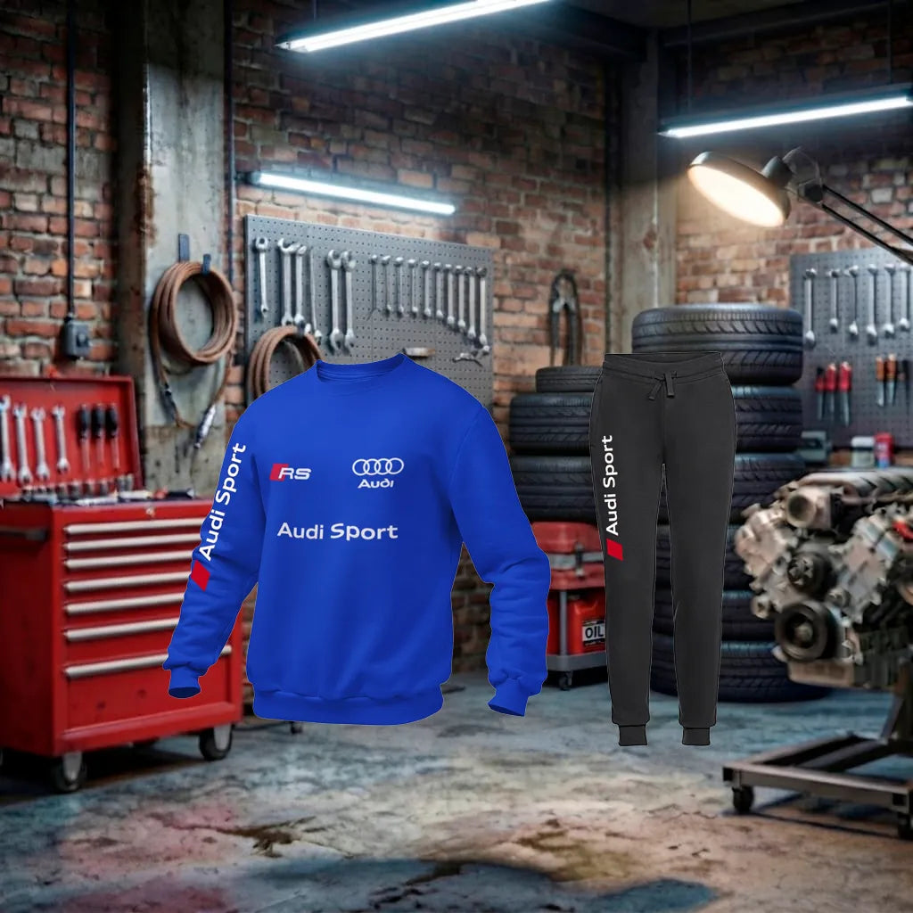 Fato de treino unissex Audi RS Performance em preto royal, feito à mão, com detalhes esportivos e logotipo da marca.