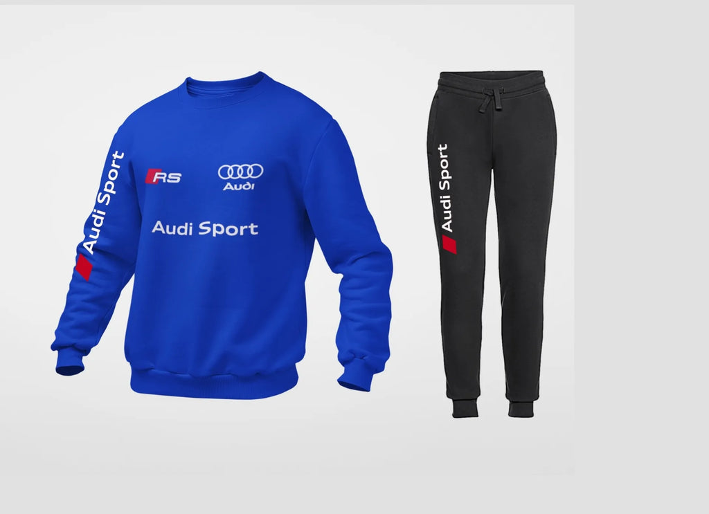 Fato de treino Audi RS Performance Tracksuit Sweat Unisex em preto royal, feito à mão, com logo Audi na frente e detalhes esportivos.