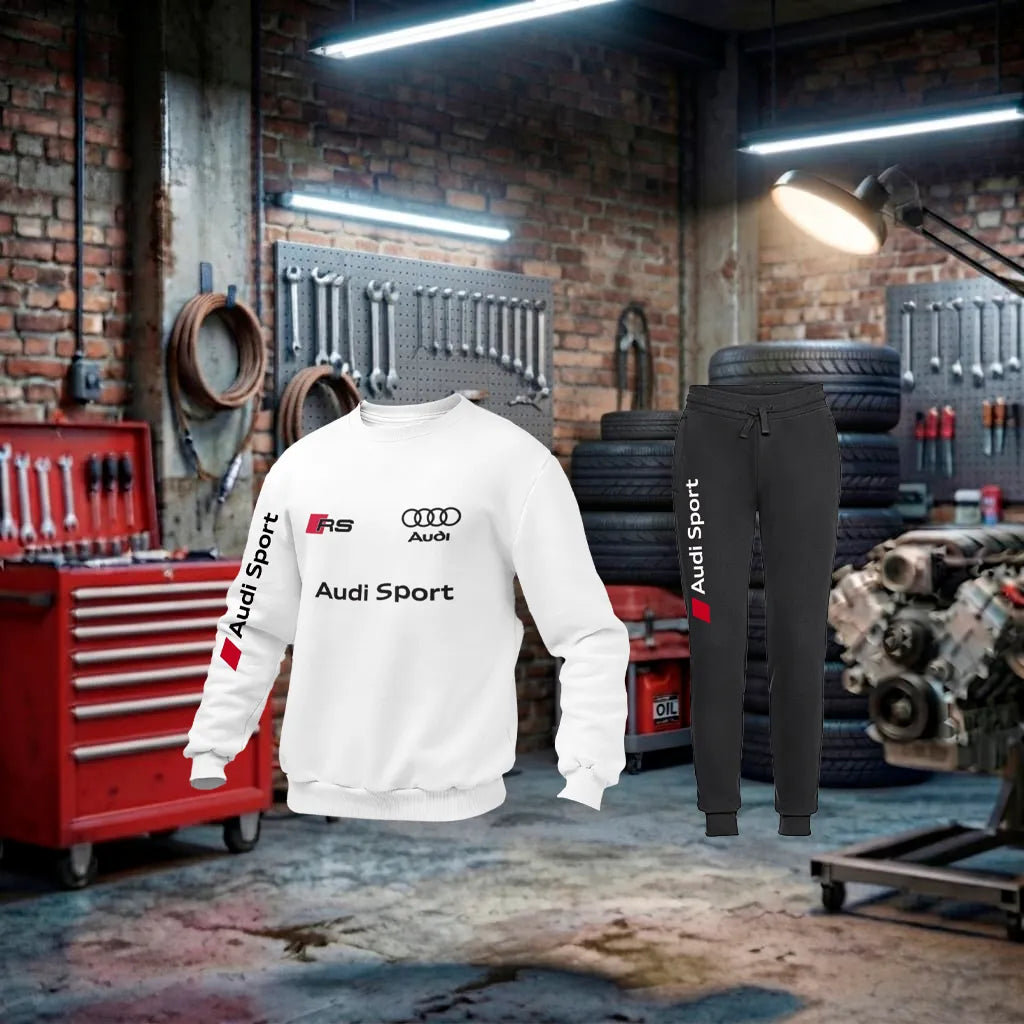 Fato de treino unisex Audi RS Performance Tracksuit Sweat branco e preto, feito artesanalmente, com detalhes esportivos.