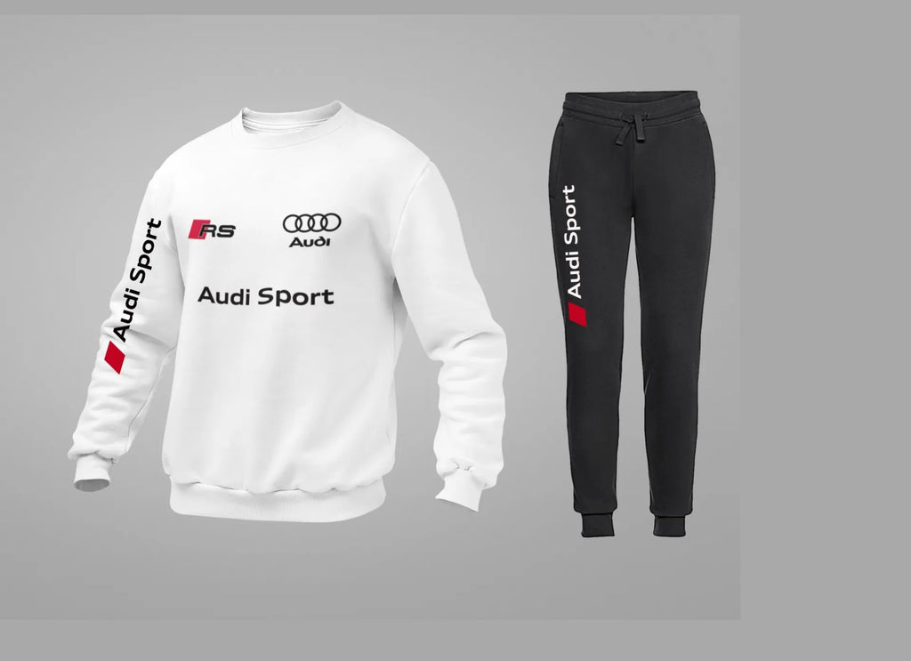 Fato de treino Audi RS Performance Tracksuit Sweat unissex em branco e preto, feito à mão, com detalhes esportivos modernos.
