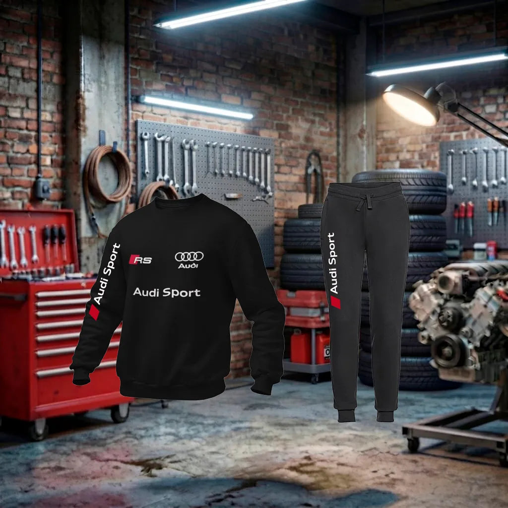 Fato de treino unissex Audi RS Performance Tracksuit, conjunto de roupas esportivas feitos à mão, em tecido preto com detalhes da marca.