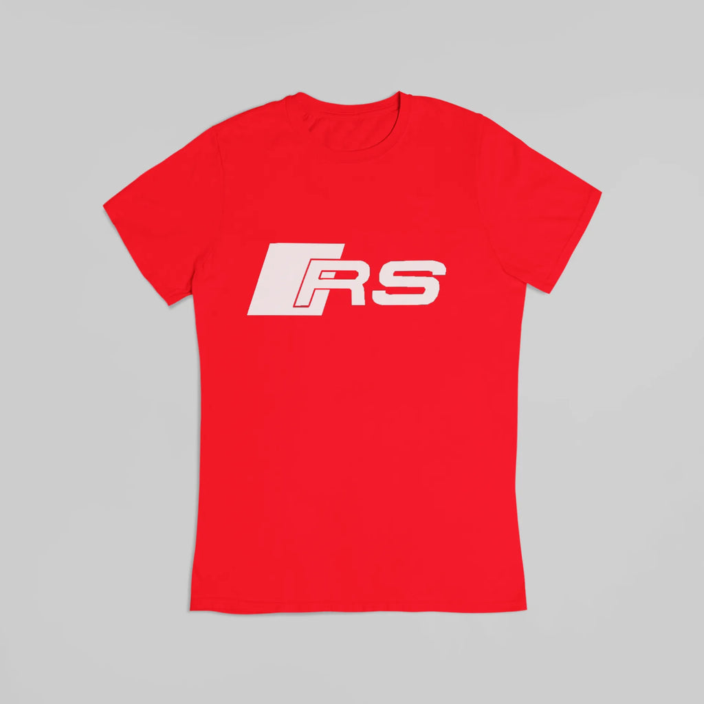 Camiseta unissex Audi RS Performance vermelha, feita à mão, com design esportivo e logotipo Audi em tecido de alta qualidade.