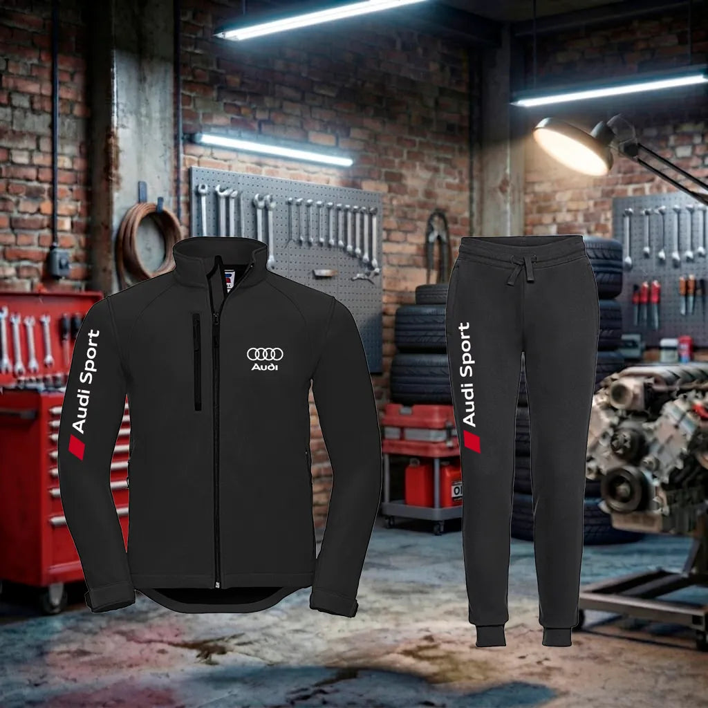 Conjunto de fato de treino unissex Audi RS Zip com jaqueta preta e calças, feito artesanalmente, ideal para atividades físicas.