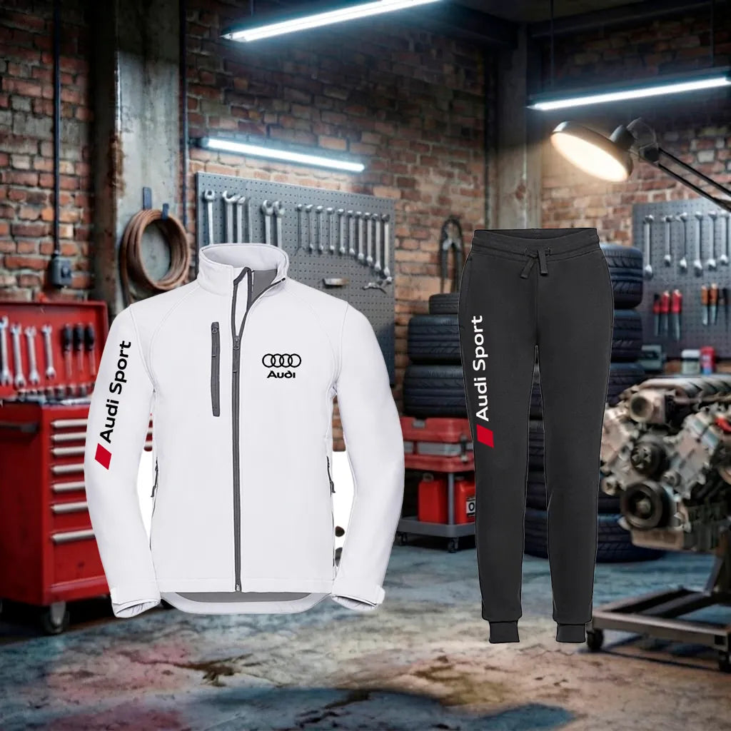 Conjunto de fatos de treino unissex Audi RS Zip Jacket com jaqueta branca e calças pretas, feito à mão.