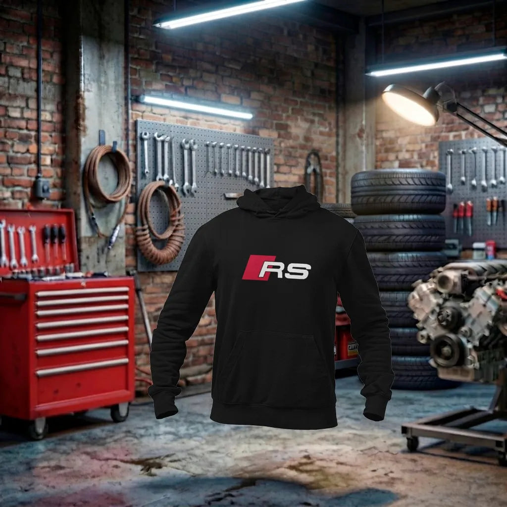 Moletom Audi Sport Performance Hoodie Unissex preto com detalhes em estilo esportivo, feito artesanalmente por Petrolhead Apparel.