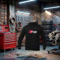 Moletom Audi Sport Performance Hoodie Unissex preto com detalhes em estilo esportivo, feito artesanalmente por Petrolhead Apparel.