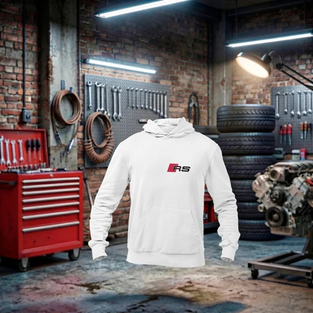 Moletom unissex Audi Sport Performance com logo branco, tecido aconchegante e design esportivo, ideal para fãs de carros.