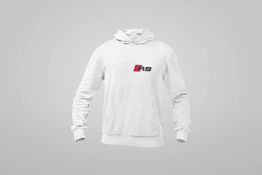 Suéter unissex Audi Sport Performance com logo branco, feito à mão, ideal para fãs de automobilismo e estilo esportivo.