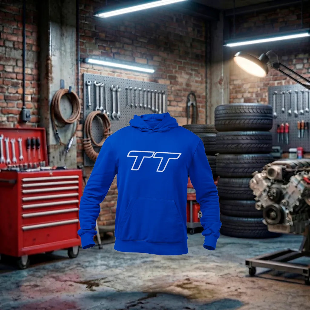 Moletom unissex Audi TT Performance Hoodie azul, feito à mão, com design inspirado em carros esportivos.