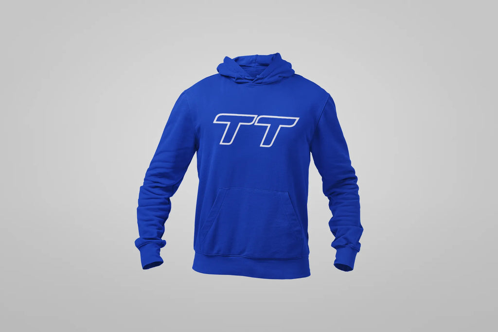 Moletom unissex Audi TT Performance Hoodie em azul, feito à mão, com detalhes de estilo esportivo e logotipo da marca.