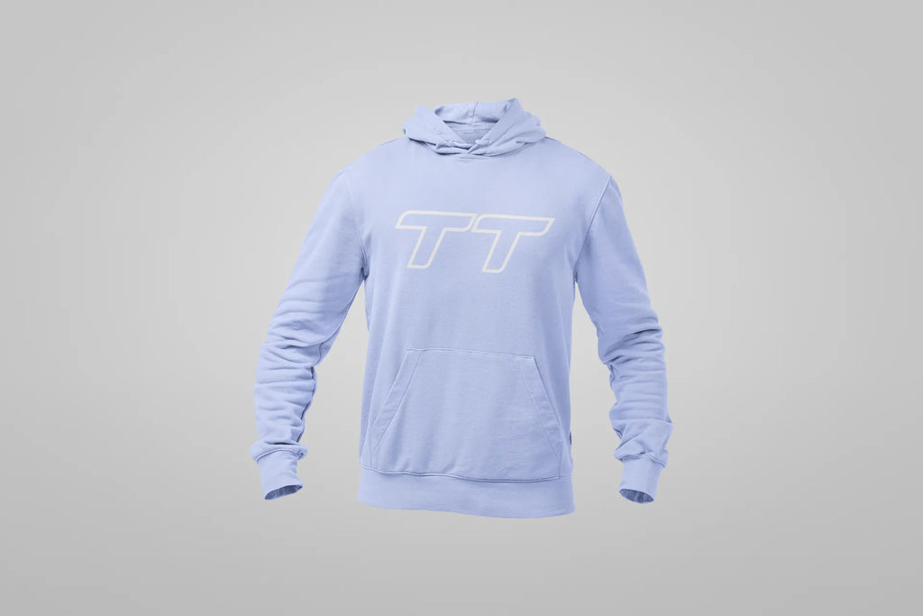Blusa hoodie unissex Audi TT Performance, feita à mão, com design esportivo e detalhes em azul petróleo, vista frontal.
