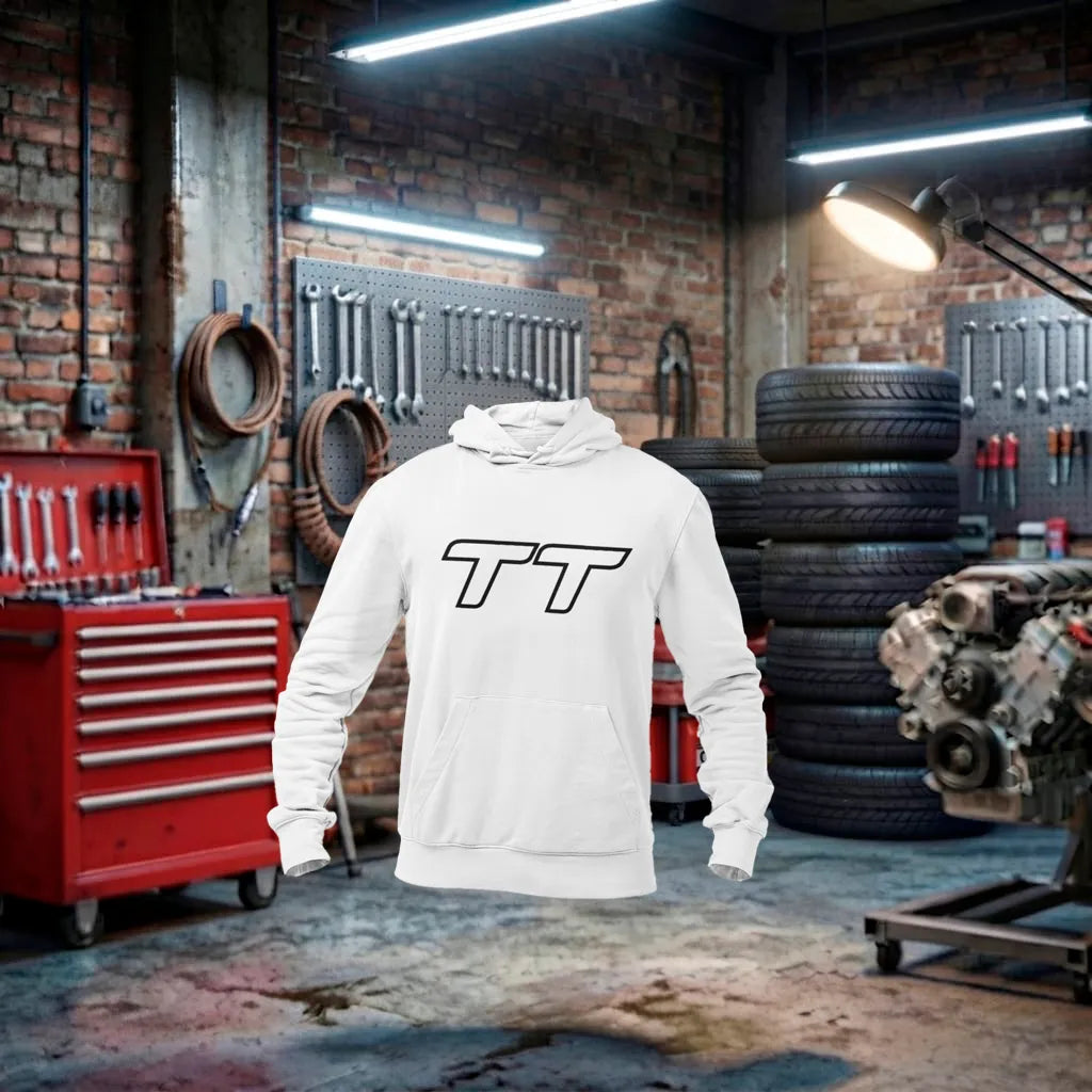 Moletom unissex Audi TT Performance Hoodie branco, feito à mão, com detalhes que remetem ao estilo petrolhead e à marca Audi.