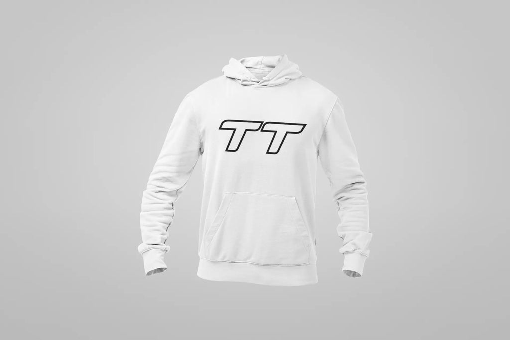 Moletom unissex Audi TT Performance Hoodie branco, com detalhes do carro Audi e design confortável, feito artesanalmente.