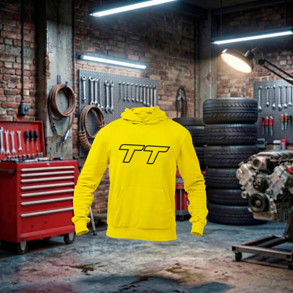 Moletom Audi TT Performance Hoodie Unisex amarelo, feito à mão, com logo da Audi, tecido confortável e design esportivo.