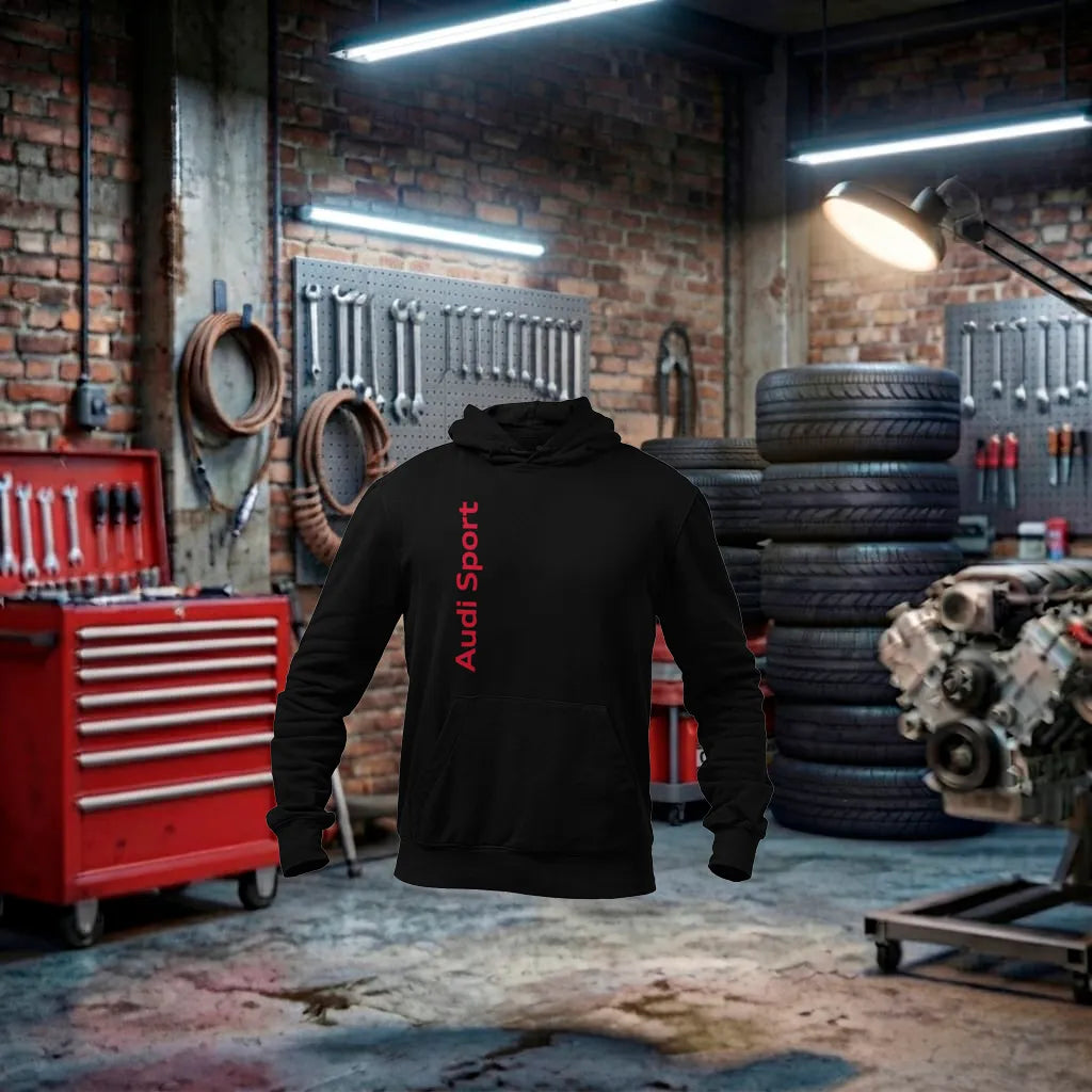 Moletom unissex Audi Sport Performance Hoodie preto, feito artesanalmente, com design esportivo e detalhes da marca Audi.
