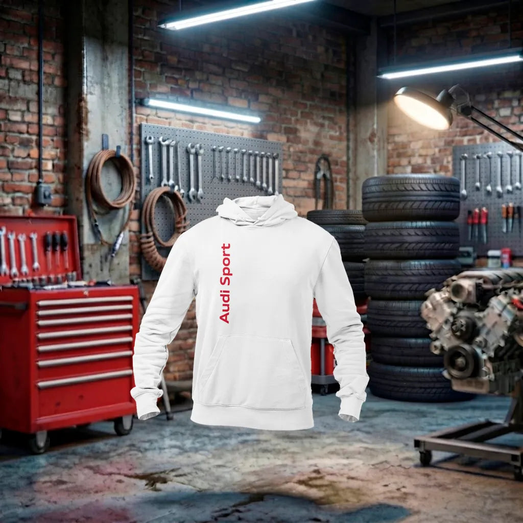 Moletom Audi Sport Performance unissex branco, com detalhes de design esportivo, feito pela marca petrolhead Audi.