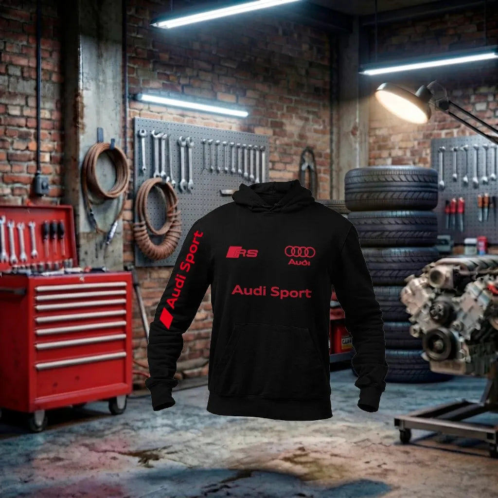 Moletom Audi Sport Performance Mono Hoodie unissex na cor vermelha com detalhes pretos, feito artesanalmente para entusiastas de carros.