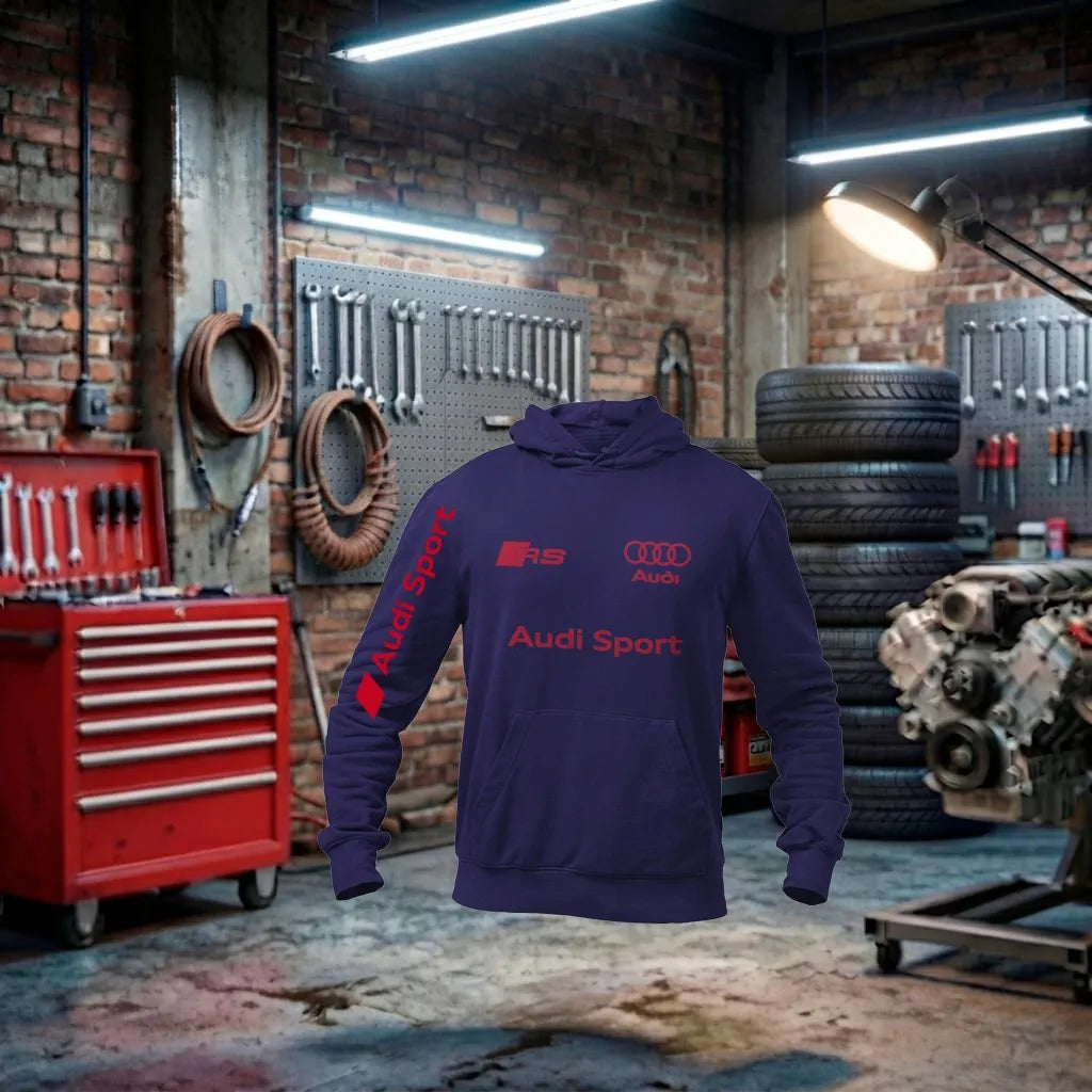 Moletom Audi Sport Performance Mono unissex em vermelho e azul com logo Audi, feito artesanalmente, estilo esportivo e moderno.