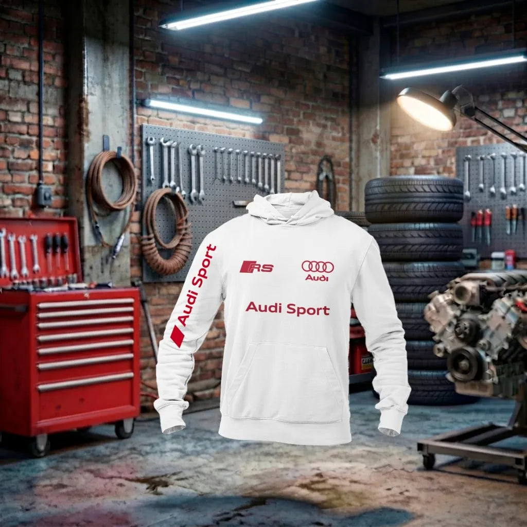 Moletom Audi Sport Performance Mono Hoodie unissex vermelho com detalhes branco, feito artesanalmente para entusiastas de carros.