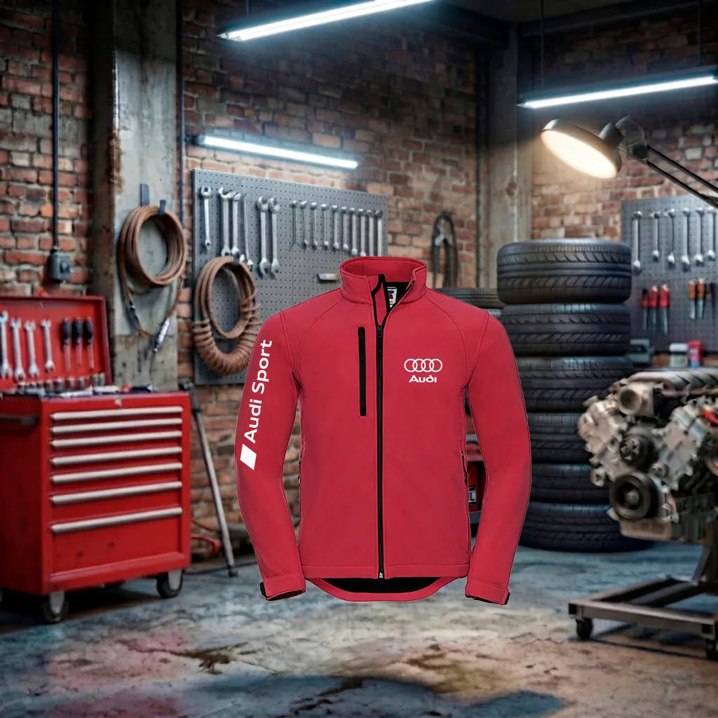Blusão Audi RS Performance Zip Jacket unissex, feito à mão, com detalhes do carro esportivo Audi no tecido preto.