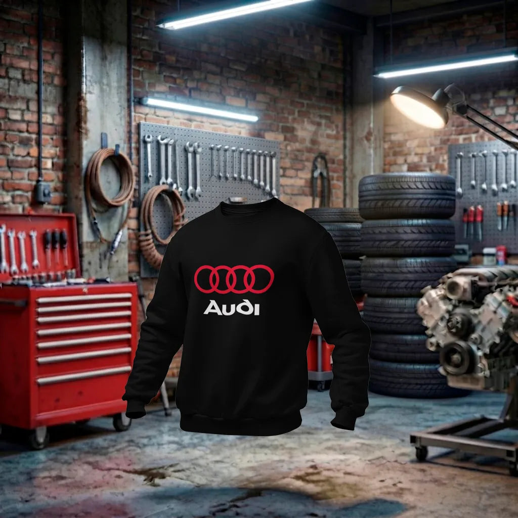 Moletom unissex Audi Performance com logo preto, feito artesanalmente, ideal para fãs de carros e moda automotiva.
