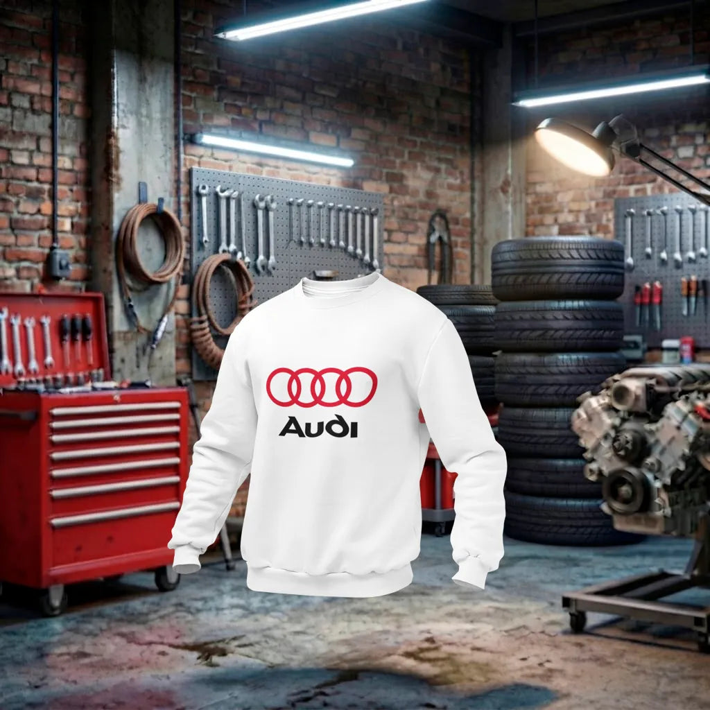 Moletom unissex Audi Performance com logo branco, feito artesanalmente, em tecido confortável e de alta qualidade.