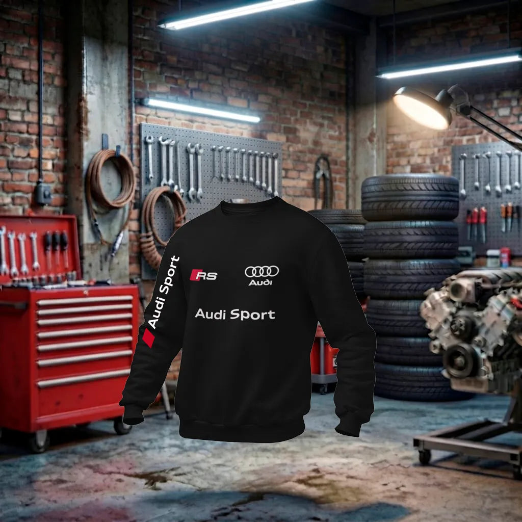 Moletom unissex Audi RS Performance com logo branco, feito artesanalmente, confortável e estiloso para fãs de carros esportivos.