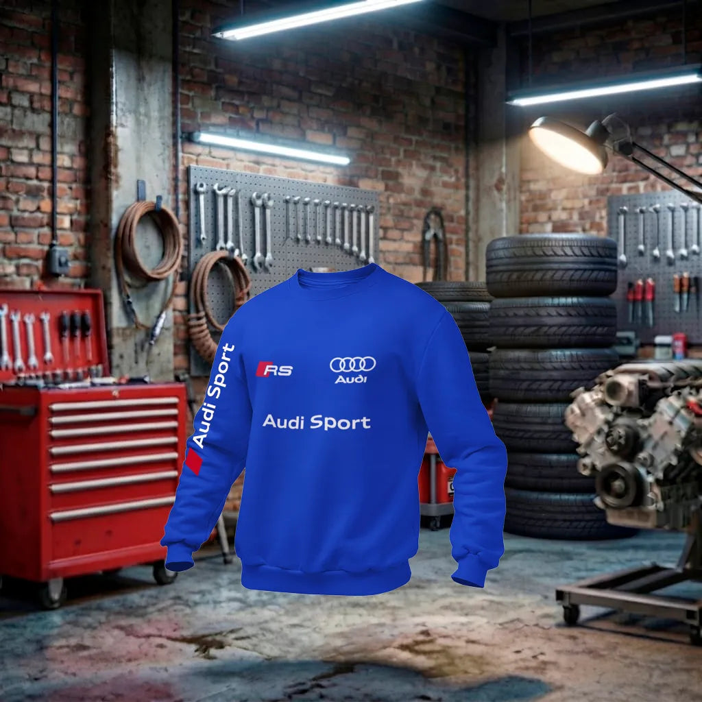 Moletom Audi RS Performance unissex azul com detalhes esportivos, feito à mão para apaixonados por carros e moda automotiva.