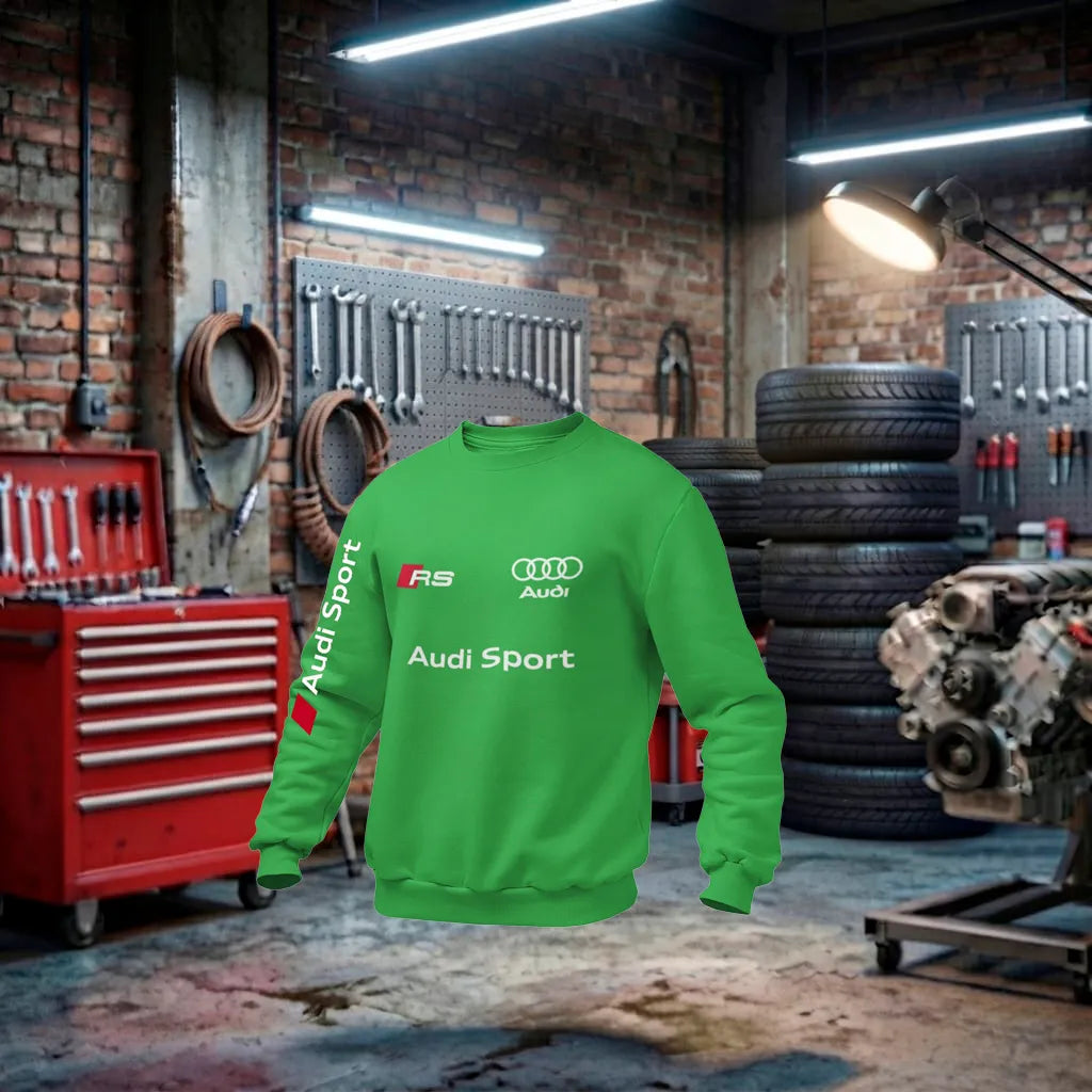Sweatshirt unissex Audi RS Performance verde, com detalhes de design esportivo e logotipo Audi, feita de material confortável.