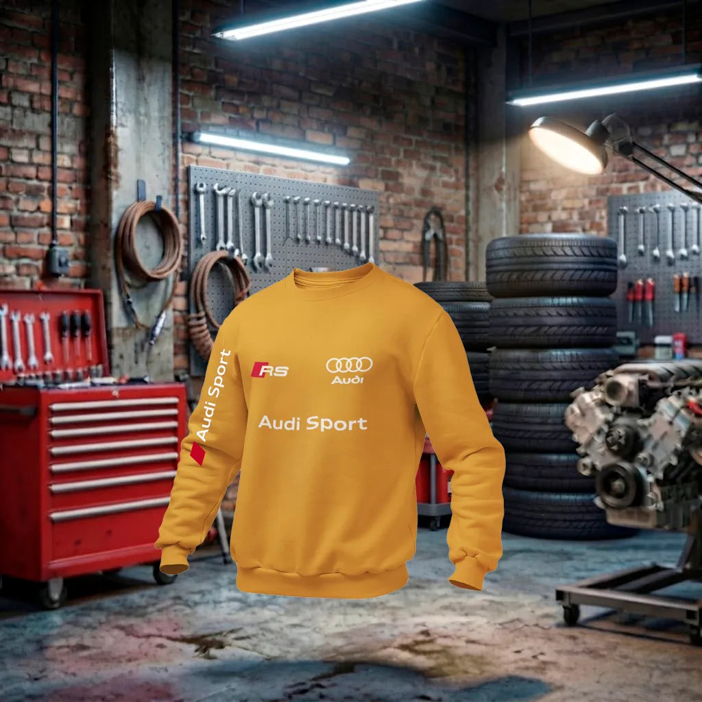 Moletom unissex Audi RS Performance em laranja, feito à mão com detalhes esportivos e logo da marca Audi.
