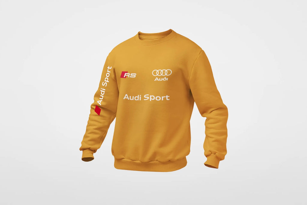 Moletom unissex Audi RS Performance, com detalhes em laranja e logotipo Audi Sport, feito à mão, em tecido confortável.