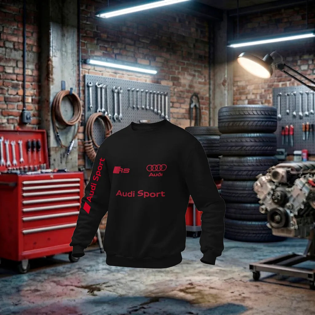 Suéter unissex Audi RS Performance, design esportivo vermelho e preto, feito à mão, em tecido confortável e de alta qualidade.