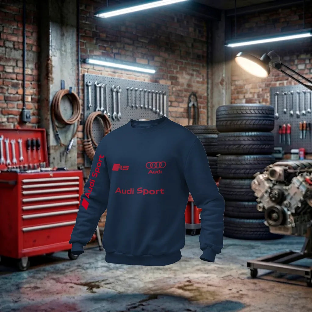 Moletom Audi RS Performance Sport unissex em vermelho e azul marinho, feito à mão, com detalhes de carro esportivo.