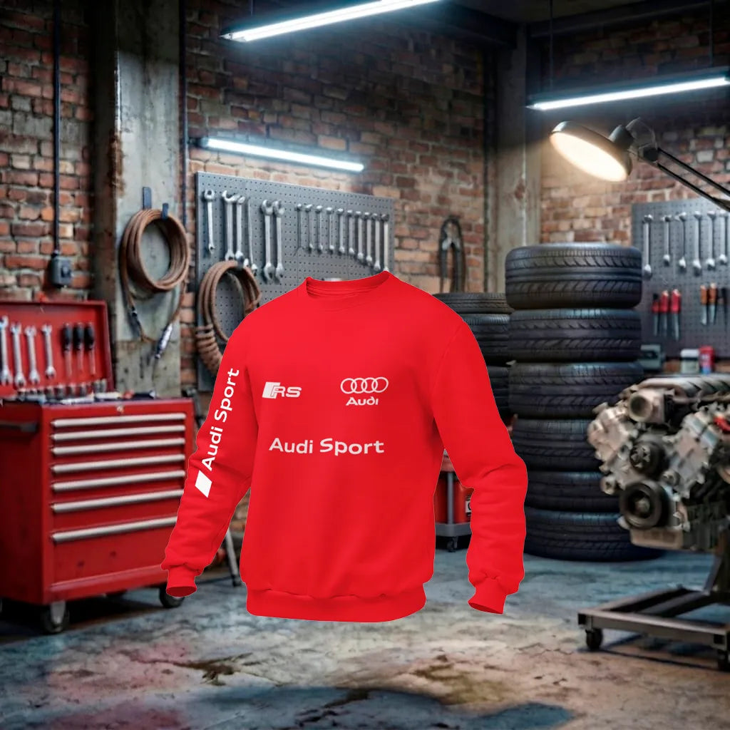 Moletom unissex Audi RS Performance Mono, vermelho, com detalhes do logo Audi Sport, feito artesanalmente, para fãs de carros esportivos.