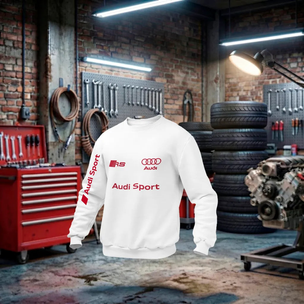 Moletom Audi RS Performance Unissex com detalhes vermelhos e brancos, feito artesanalmente, com logo Audi Sport na frente.