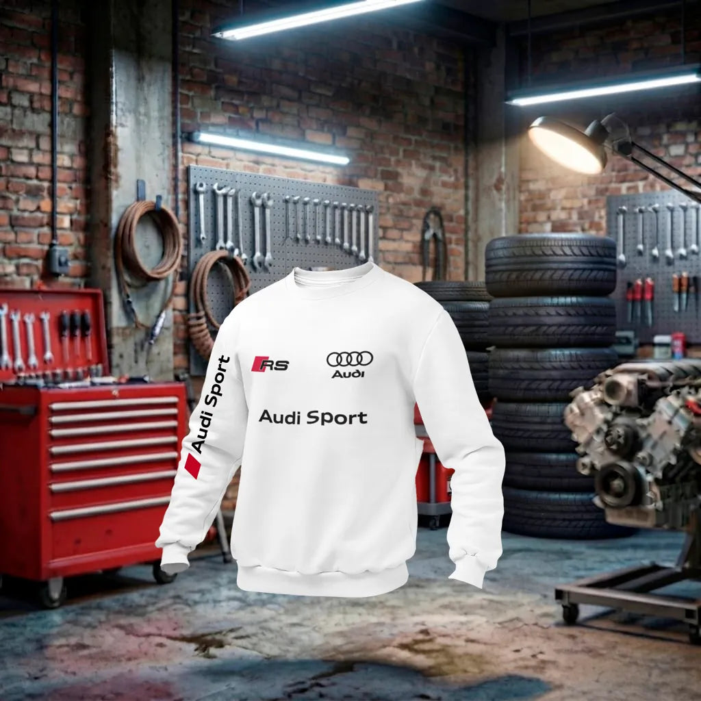 Moletom unissex Audi RS Performance, feito à mão, em branco com detalhes esportivos, ideal para fãs de carros Audi.
